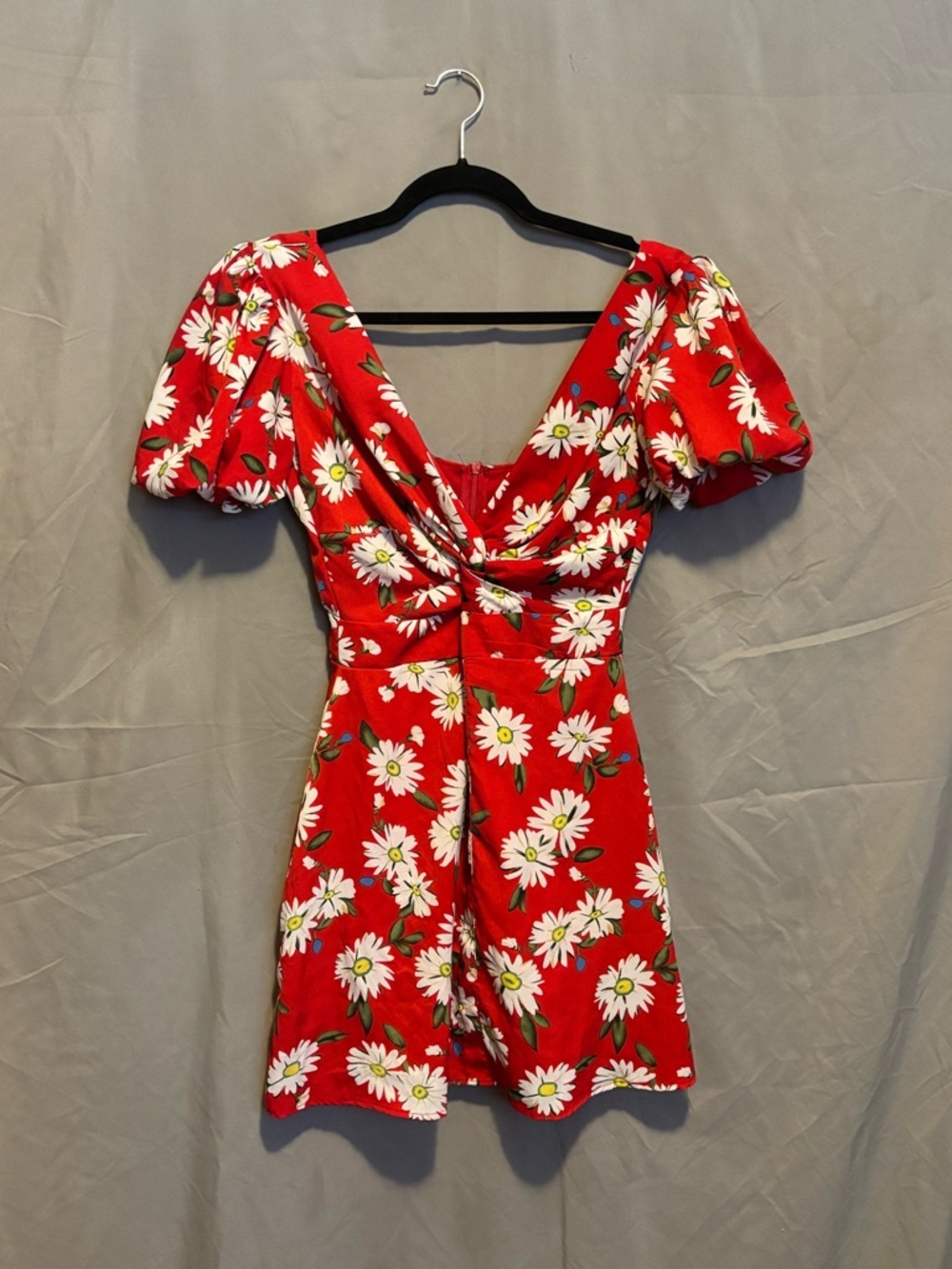 Red Floral Puff-Sleeve Mini Dress